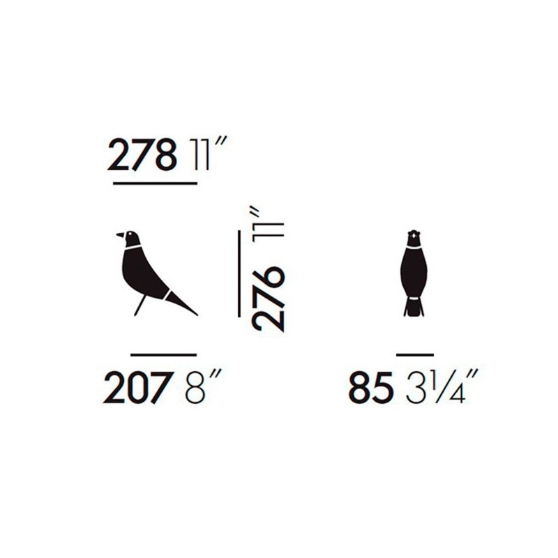 dimensiones en cm y pulgadas del Eames house bird. Pájaro