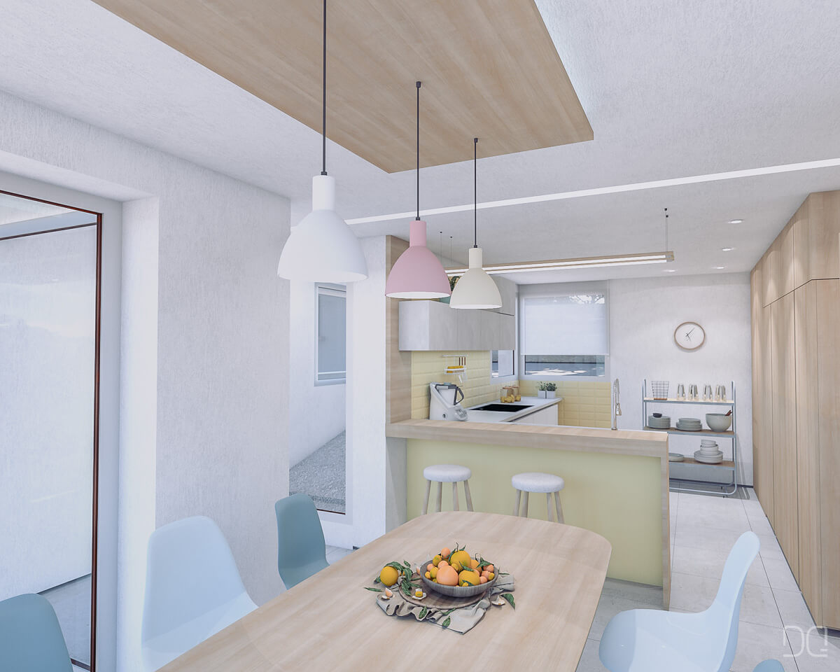 Proyecto vivienda unifamiliar en pendiente. Comedor